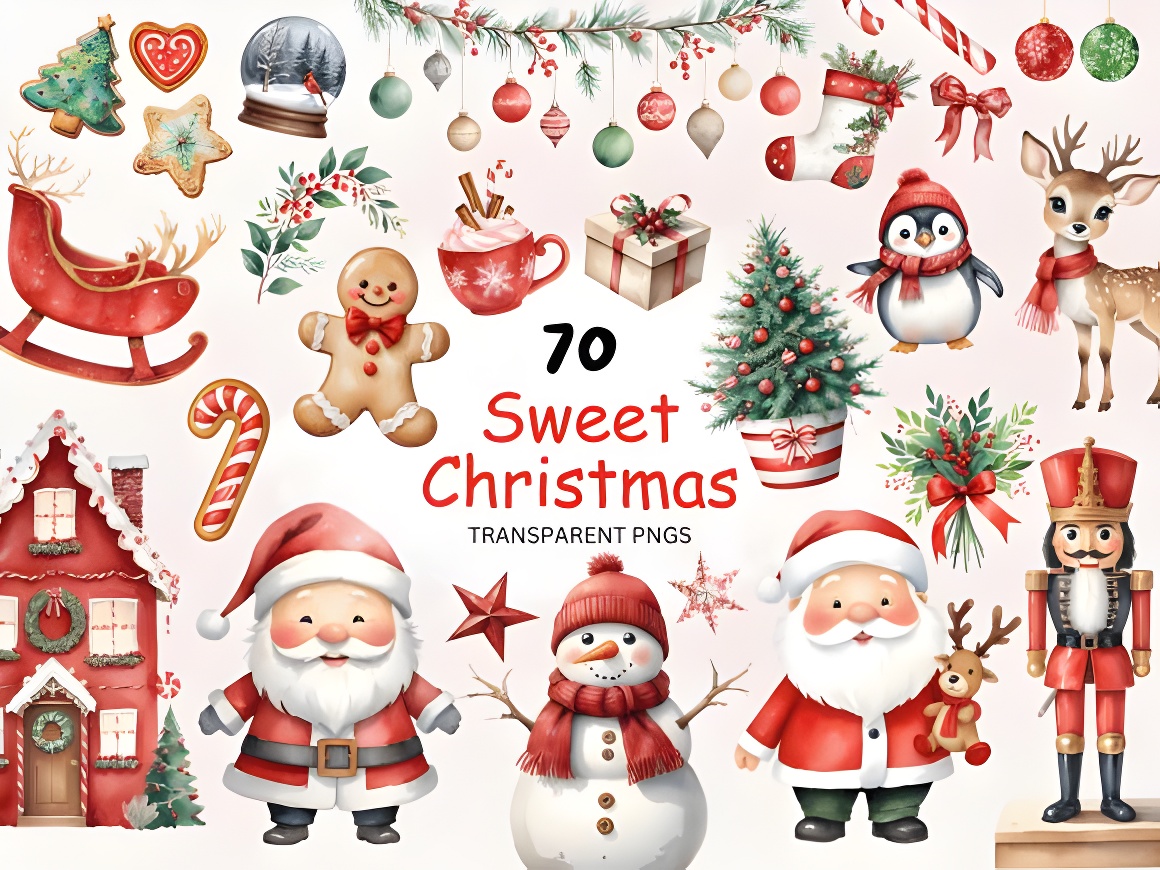 70 Christmas Clipart Bundle: Festive Watercolor PNGs (Commercial)