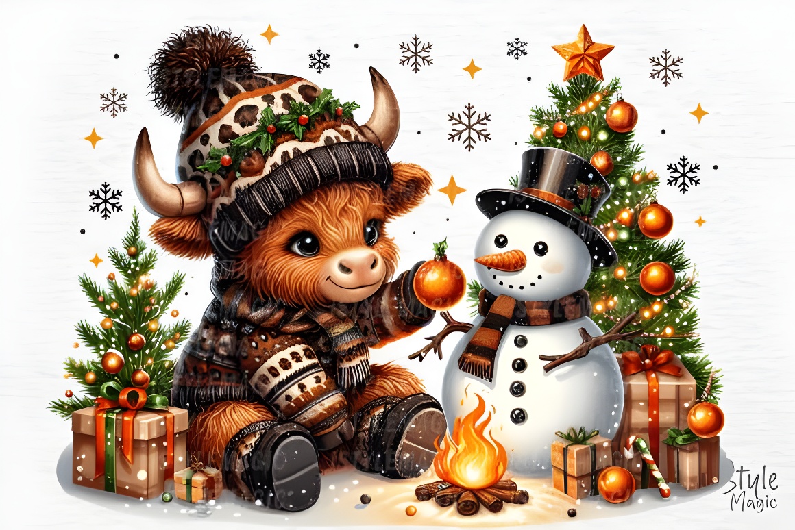Christmas Highland Cow & Snowman Sublimation PNG Design