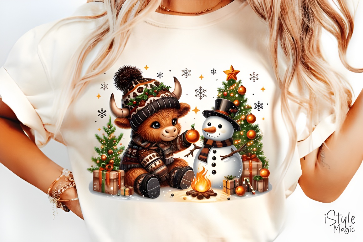 Christmas Highland Cow & Snowman Sublimation PNG Design - Image 2