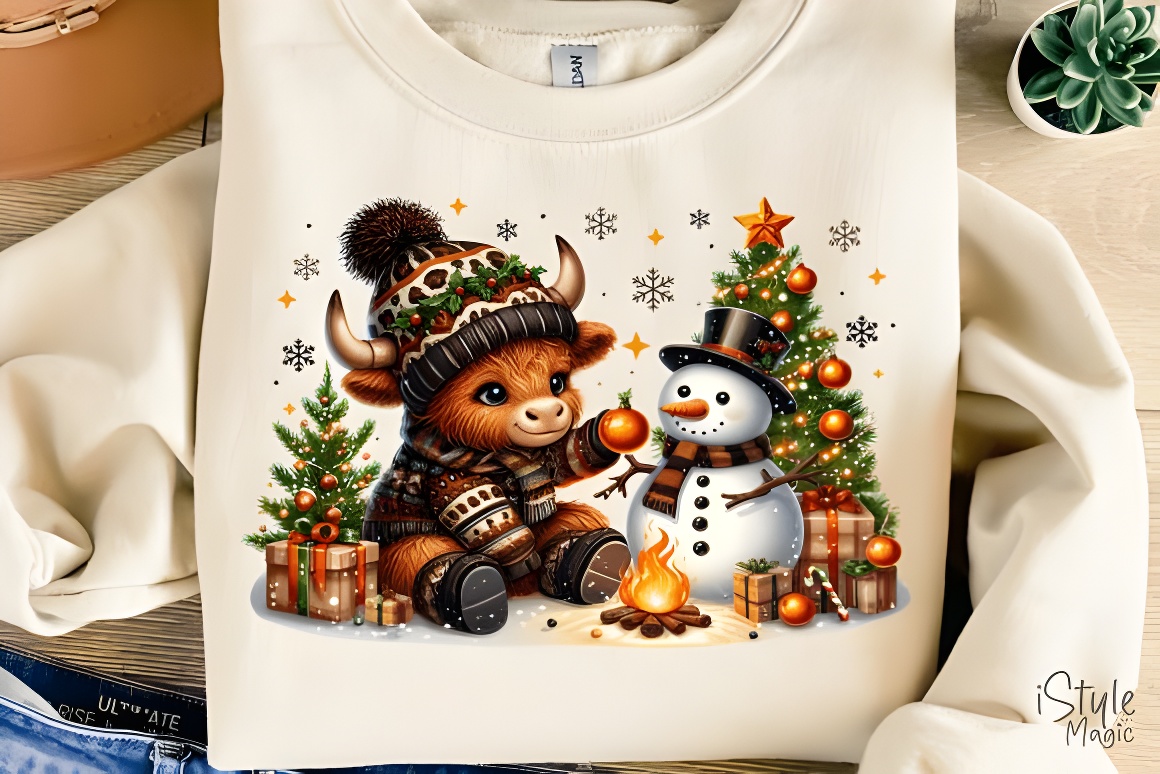 Christmas Highland Cow & Snowman Sublimation PNG Design - Image 3