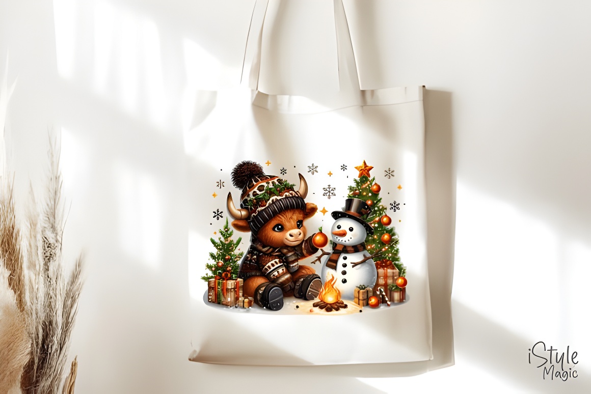 Christmas Highland Cow & Snowman Sublimation PNG Design - Image 4