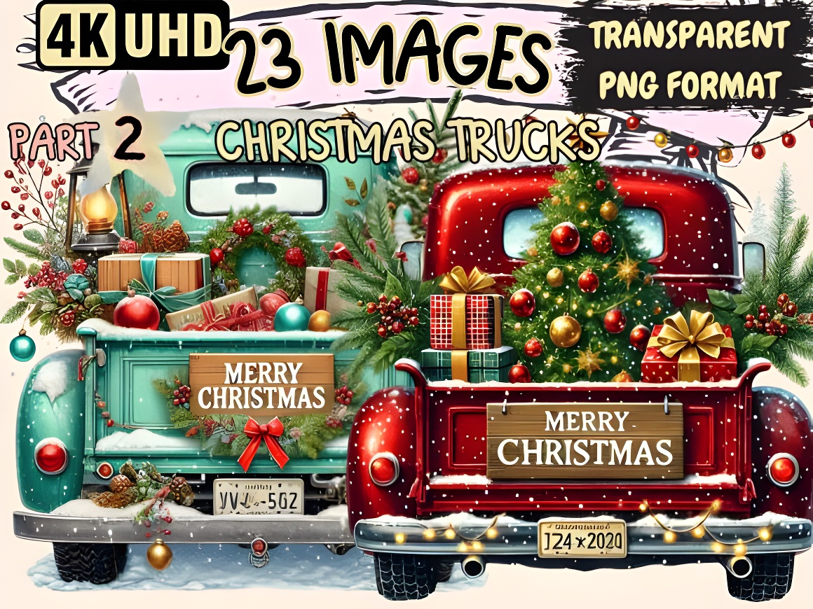 Vintage Christmas Trucks Clipart - Festive PNG Graphics Bundle
