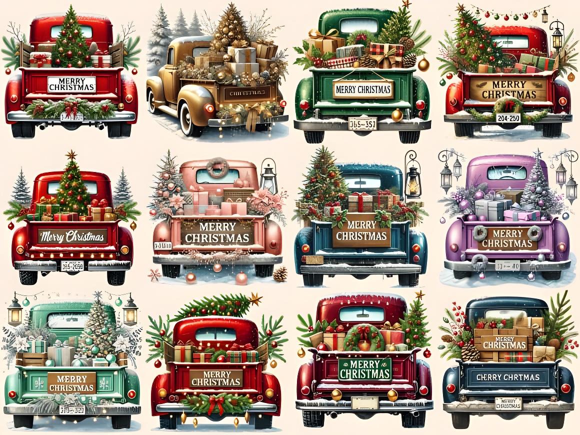 Vintage Christmas Trucks Clipart - Festive PNG Graphics Bundle - Image 2