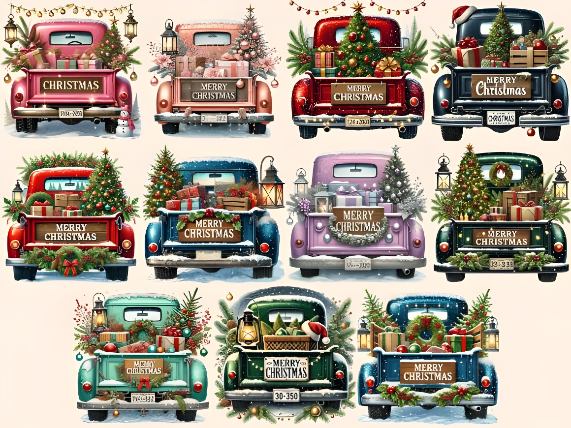 Vintage Christmas Trucks Clipart - Festive PNG Graphics Bundle - Image 3