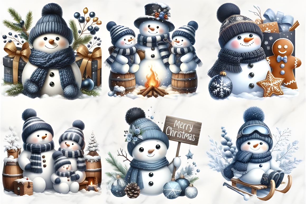 Christmas Winter Blue Snowman Clipart - Image 2