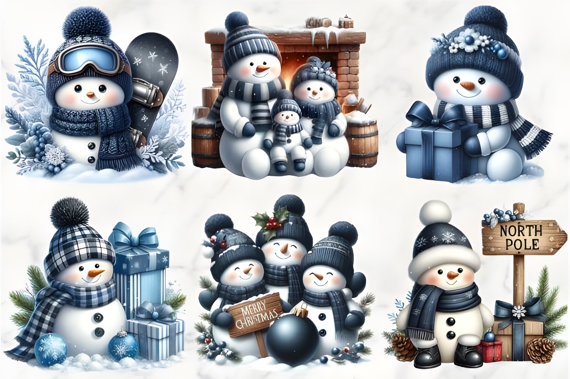 Christmas Winter Blue Snowman Clipart - Image 3