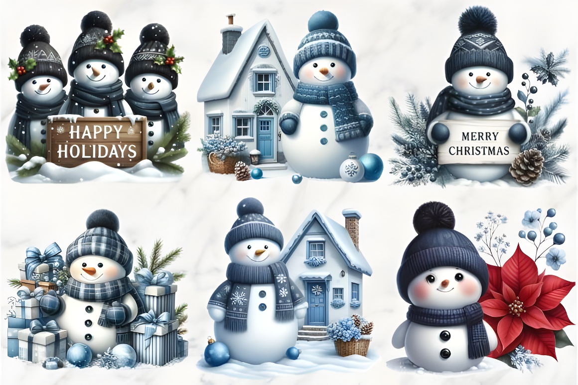 Christmas Winter Blue Snowman Clipart - Image 4